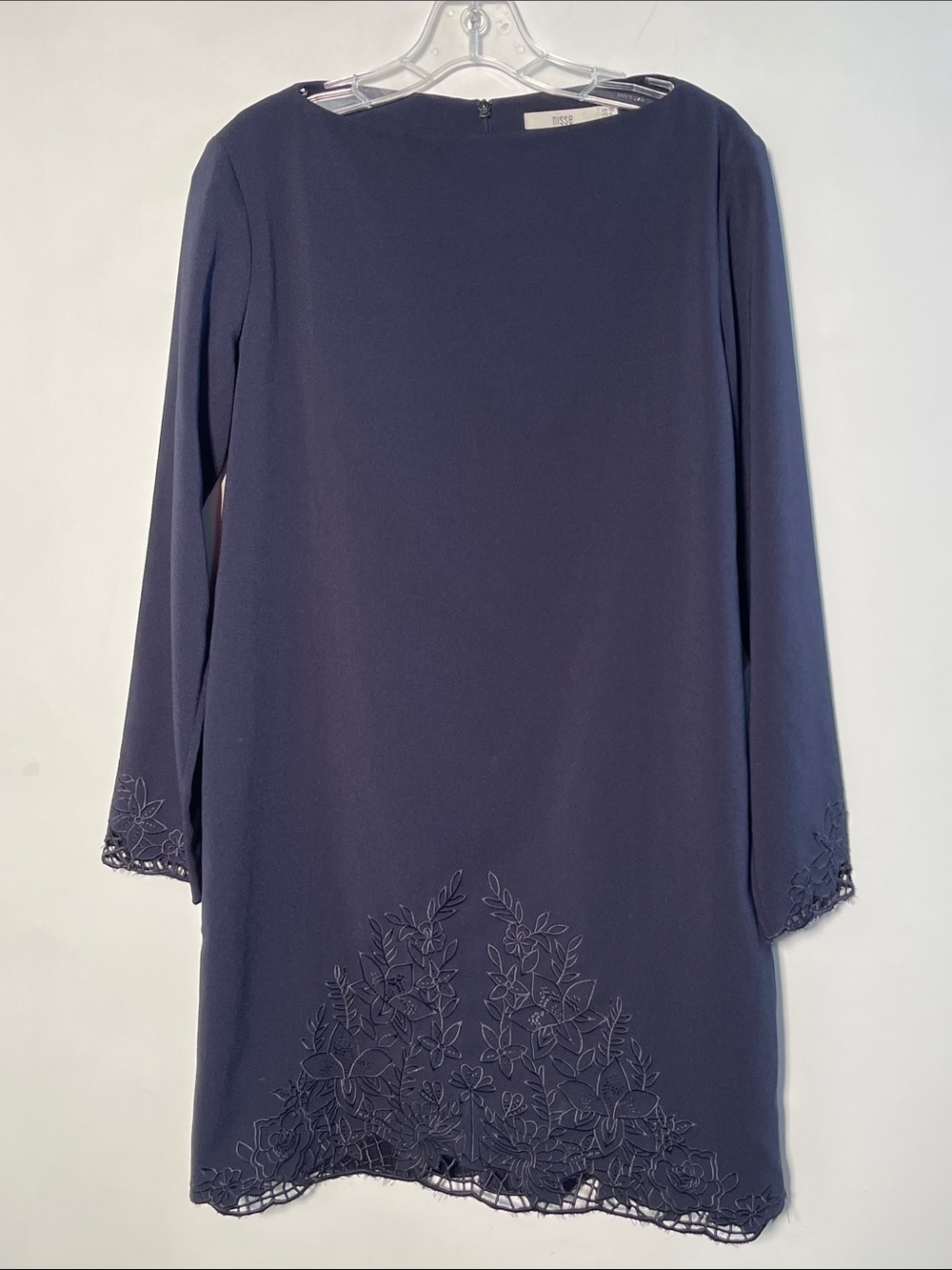 NISSE Party Career Event Classic Navy Boat Neck Navy Lace Detail Sheath Dress 4